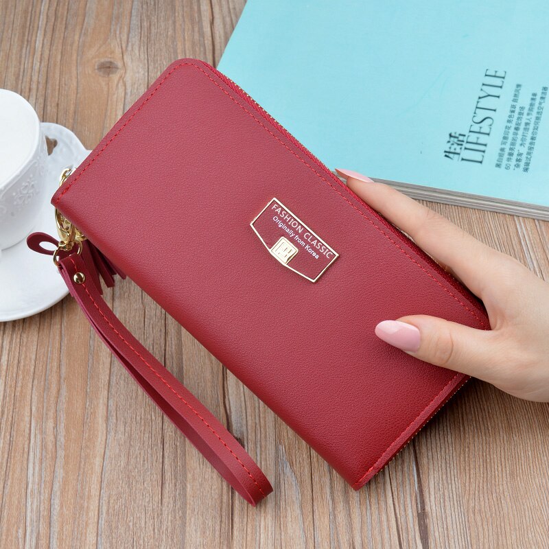 Women Wallet Long Leather Zip Wallet women’ sClutch Bag Simple European and American Large Capacity Mobile Phone Bag: Burgundy