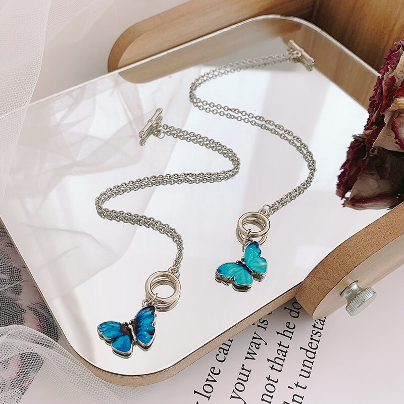 Paars Blauwe Vlinder Hanger Ketting Voor Vrouwen Sleutelbeen Keten Vintage Titanium Wedding Ketting Choker Sieraden