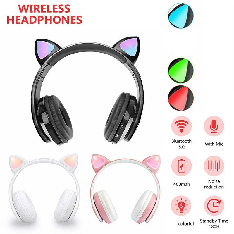 Wireless Earphone Headphone Bluetooth Headset Cat Ear Earphone LED Lights 400 MAh With Microphone For PC Laptop Headphones