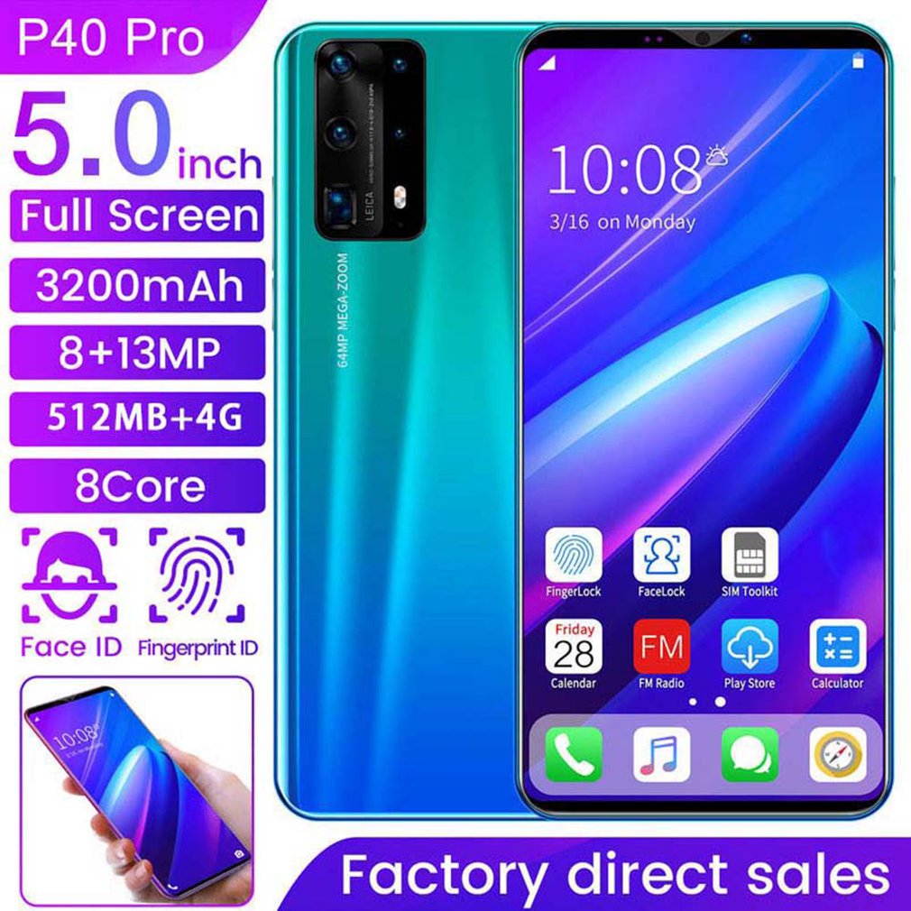 Duplo-core p40 pro smartphone 5 Polegada tela smartphone 512m + 4g android smartphone 3d vidro chapeado capa traseira azul: US