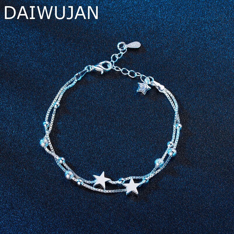 DAIWUJAN Neue 925 Sterling Silber Armbinde Für Frauen Doppel Schichten Perlen und Sterne Kette Armbänder Für Hochzeit Hand Schmuck