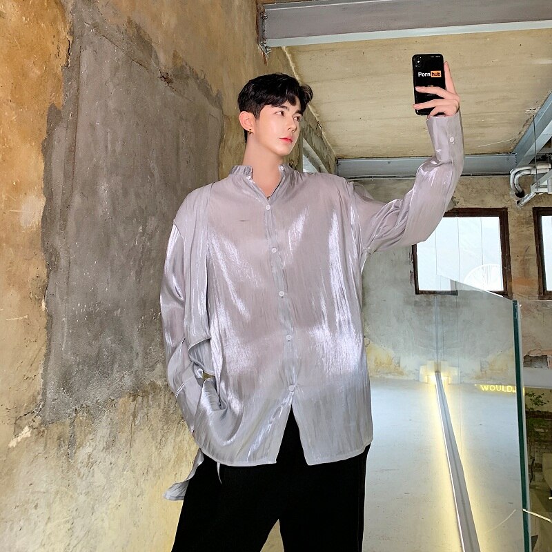 Men trends Open Back Long Sleeve Casual Couple Shirts Male Streetwear Hip Hop Punk Gothic Party Night Club Shirt