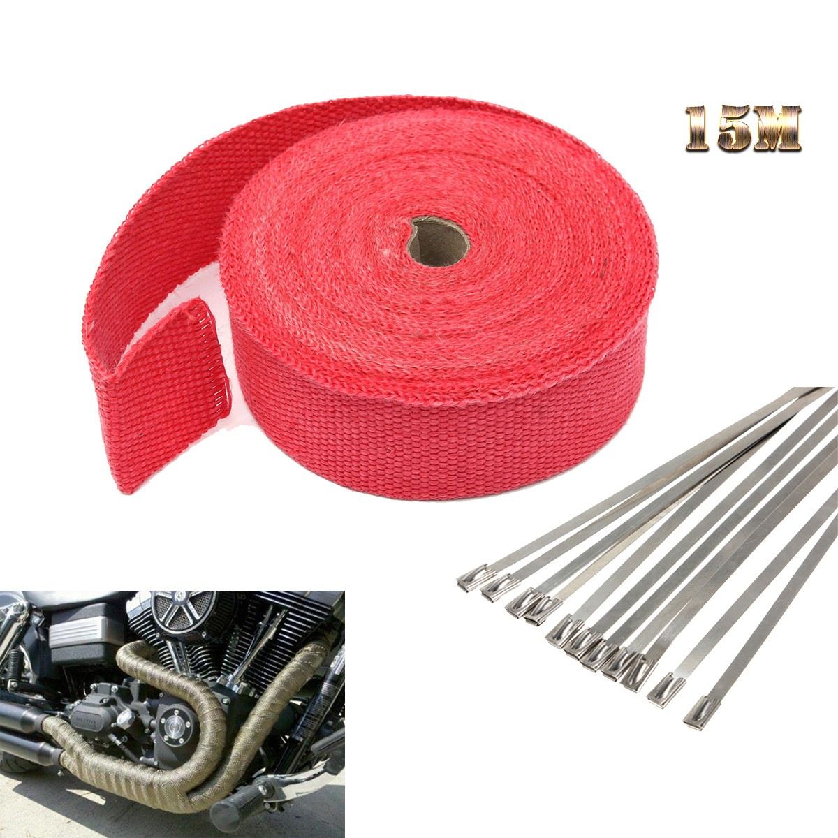 15M Fiberglass Exhaust Protection Pipe Heat Header Insulation Tape Turbo Wrap With 10Pcs 45cm Stainless Steel Locking Cable Ties