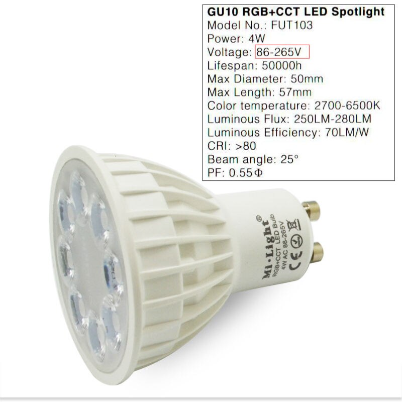 Milight  ac110v 220v 4w led pære dæmpbar  mr16 gu10 rgb+cct spotlight indendørs dekoration brug med 2.4g trådløse rf led fjernbetjening wifi