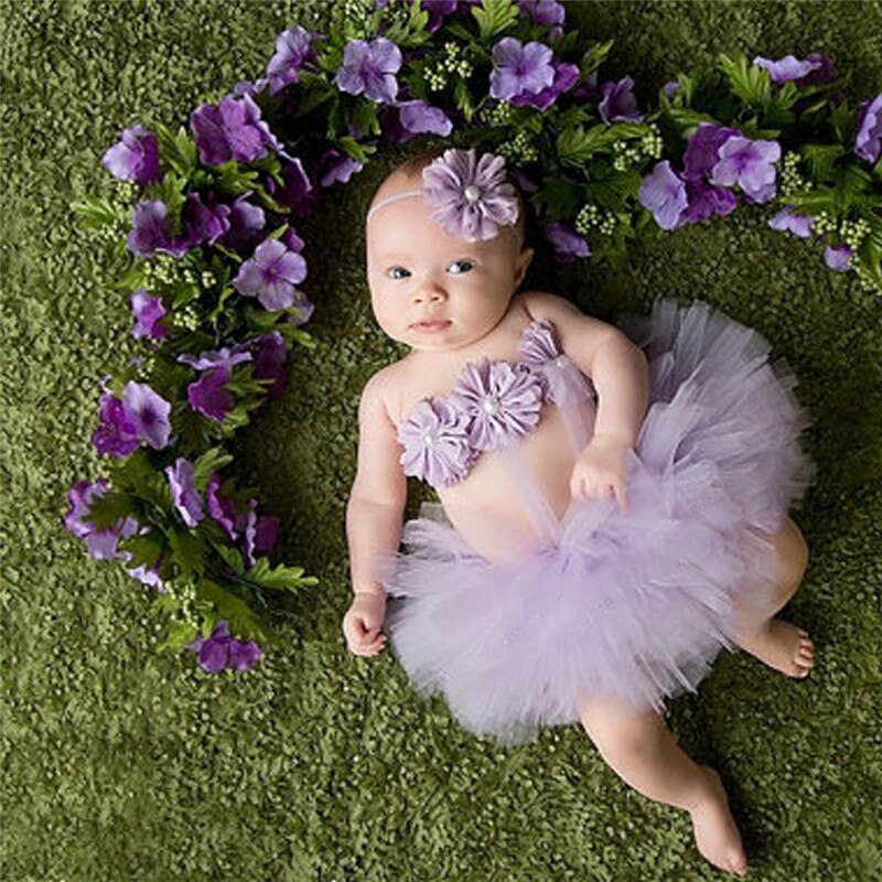 Baby toddler pige blomster tøj + hårbånd + tutu nederdel foto prop kostume outfits 3 stk nederdel