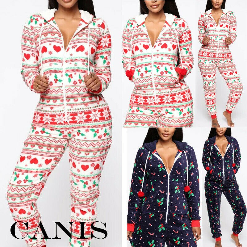 Family Matching Women Romper Christmas Pyjamas Xmas Nightwear Jumpsuits Long Sleeve Hooded Ladies Winter Warm Homewear