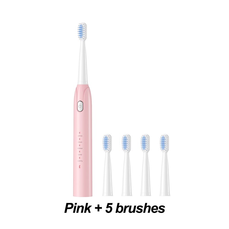 Electric Toothbrush Sonic Toothbrush USB Induction Charging Toothbrush Smart Toothbrush Electric Tooth Scaler Wave Brush: pink 5  brush