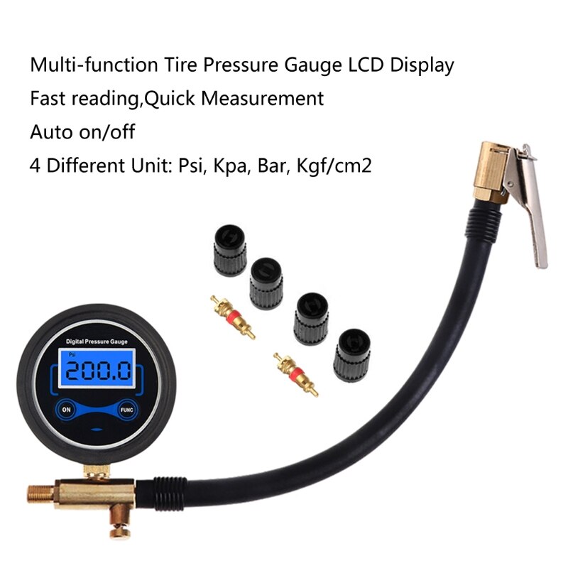 Digital Car Truck Air Tire Inflator Pressure Gauge with Air Chuck &amp; Hose Tire Pressure Gauge Tool for Car Truck Bike 200 Psi