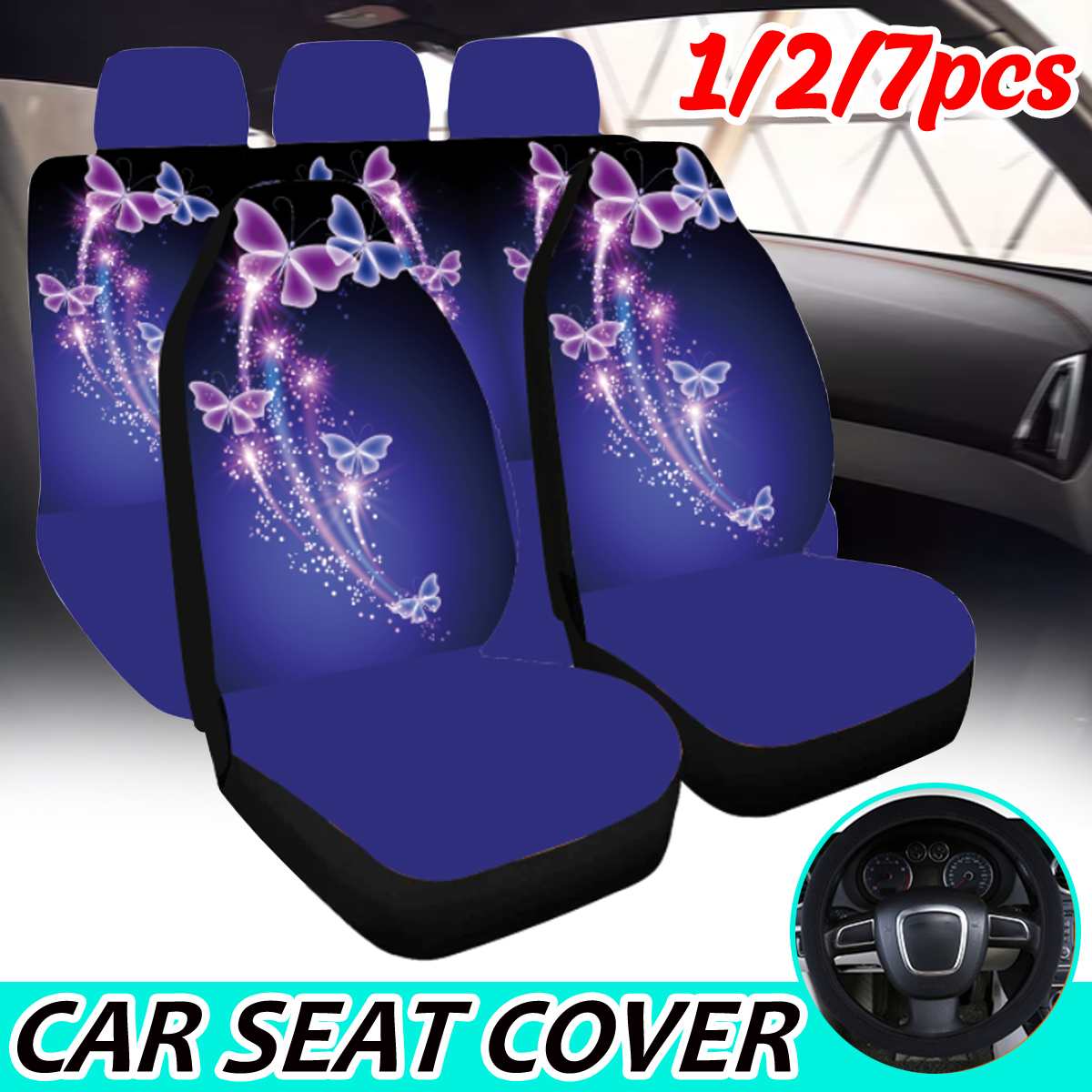 2/7Pcs Full Set Car Seat Covers Universal Butterfly Print Waterproof Seat Cushion Protector Set Van Auto Interior Accessories