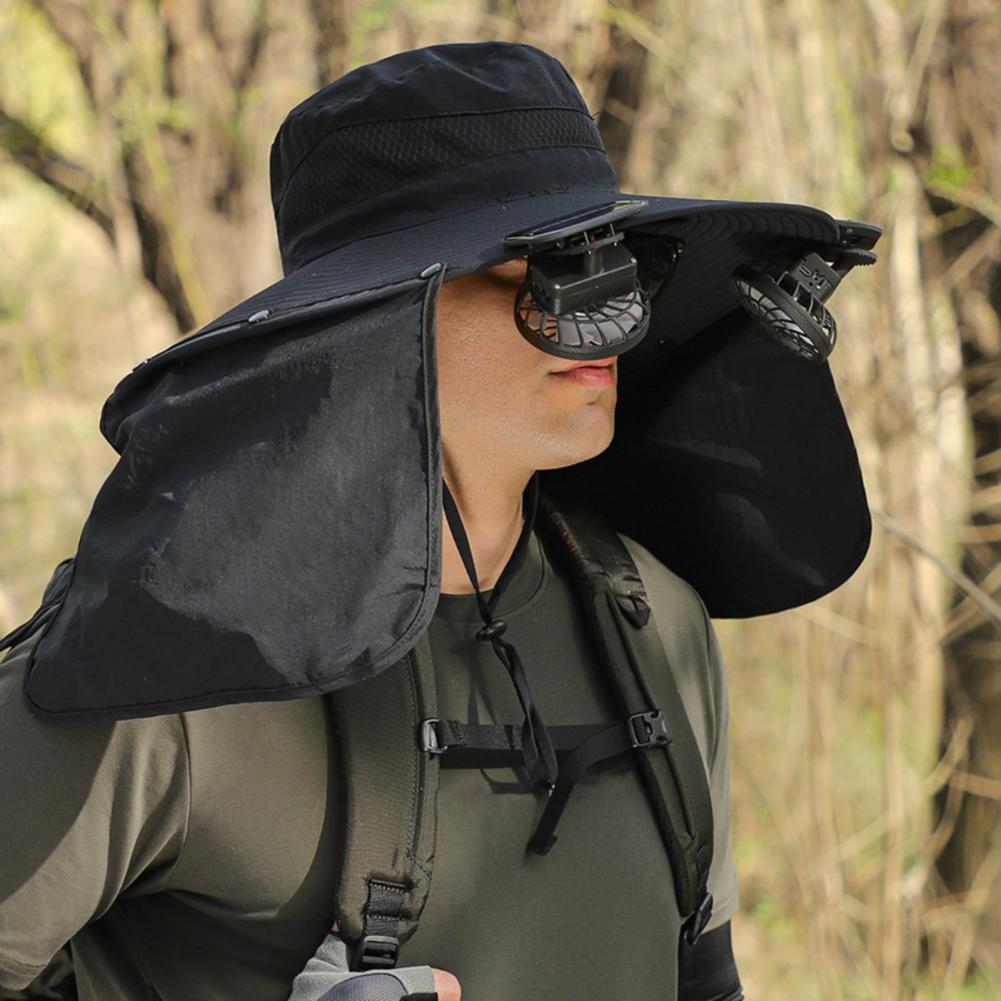 Solarbetriebener Lüfterhut, atmungsaktiver Solar--Lüfterhut mit UPF 50, UV-Schutz, 2 Solarventilatoren für Männer, Eimerkappe mit breiter Krempe für Höhle Außenbereich