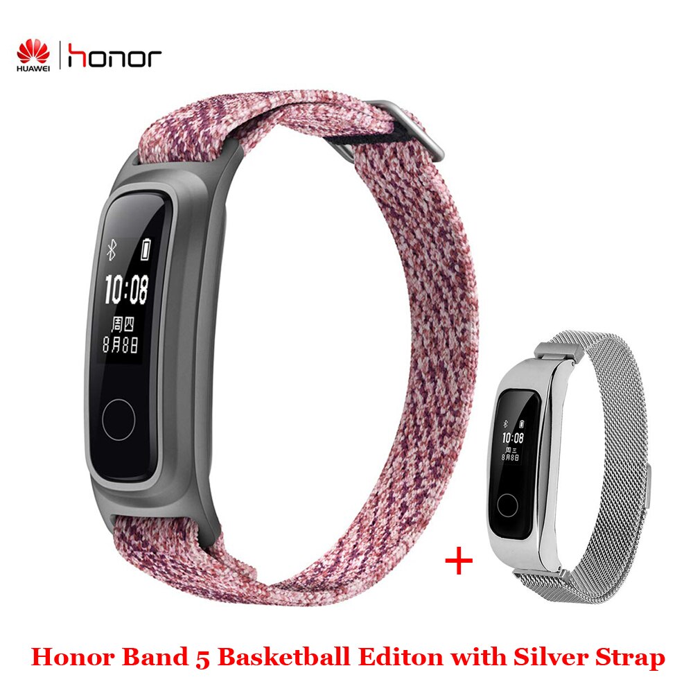 Huawei Honor Band 5 edición baloncesto con correa de Metal pulsera inteligente reloj amuled ritmo cardíaco Fitness rastreador de sueño deportivo: Pink n Silver