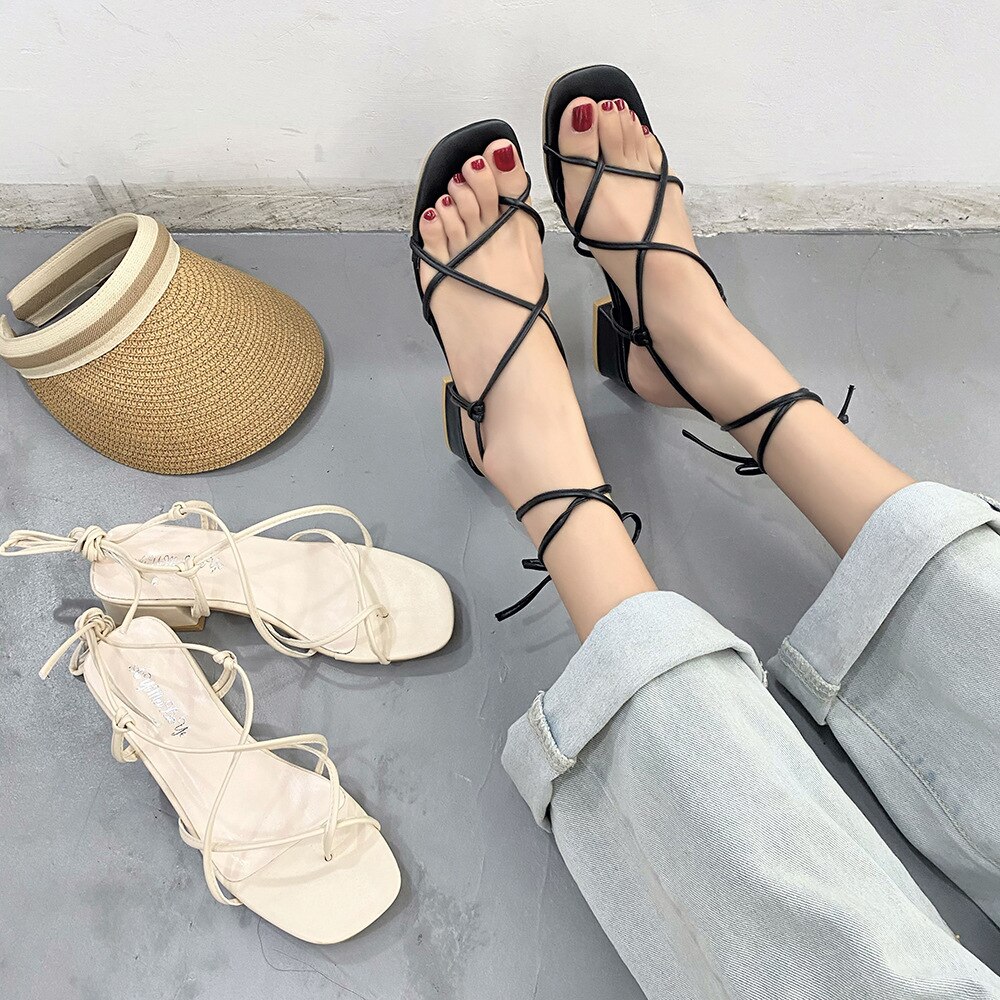 Sandalen Vrouwen Vierkante Teen Dubbele Band Sandalen Femme Clip Teen Dikker Med Hoge Hakken Gladiator Sandalias Mujer Cross-Tie sandalen
