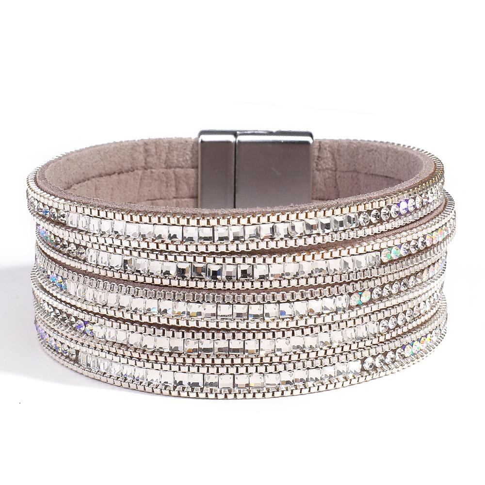 ALLYES Boho mehrschichtig Schwarz Leder Armbänder für Frauen Strass Bunte Kristall glänzend Breite wickeln Armbinde Party Verein Schmuck: Silber-