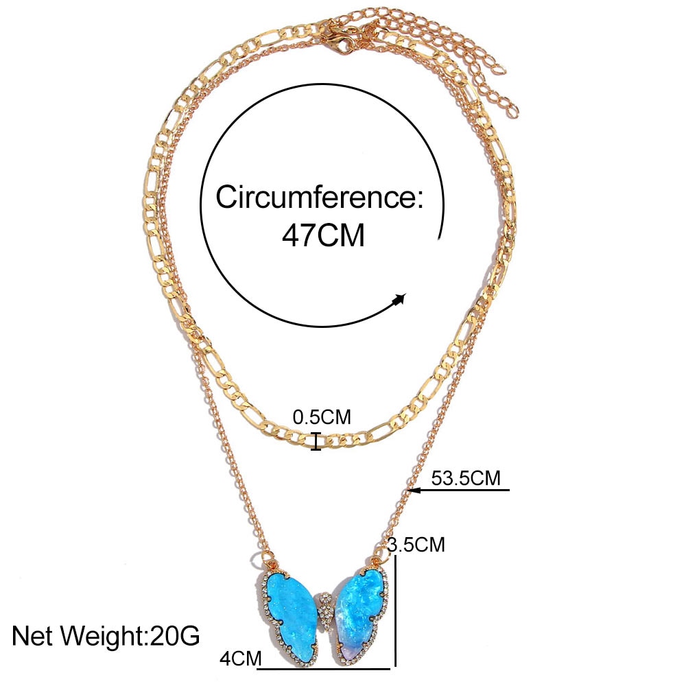 Flatfoosie Trendy Big Butterfly Crystal Pendant Necklace For Women Gold Silver Color Multi-layer Choker Necklace Hip-hop Jewelry