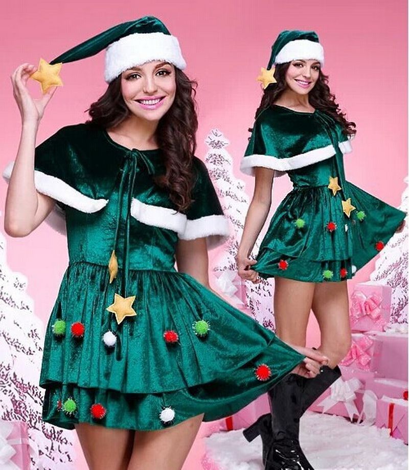Cosplay juletræ kostume jul kostume kvinder jul fest kjole dragt med hat hotsale