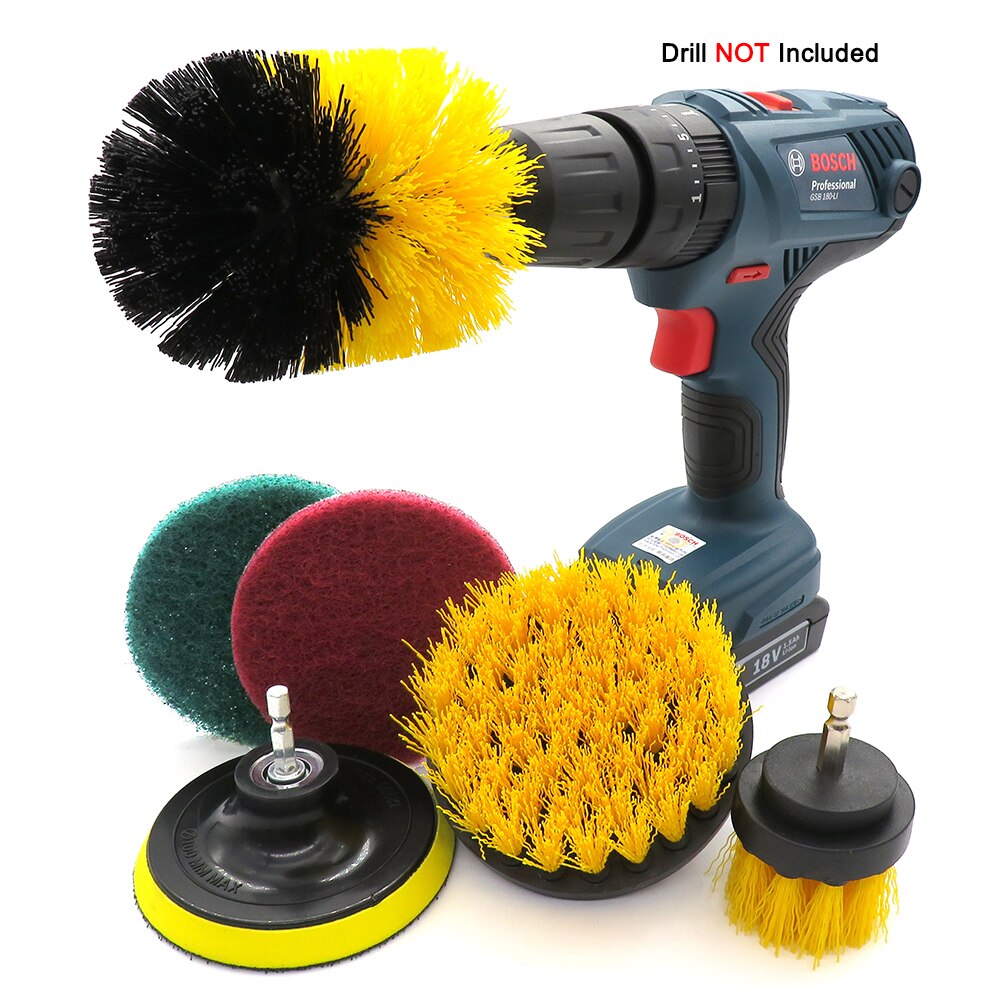 6 stk borebørste fastgørelsessæt power scrubber brush scouring og scrub pads cleaner til sofa, køkken, badeværelse, bil osv.: Gul