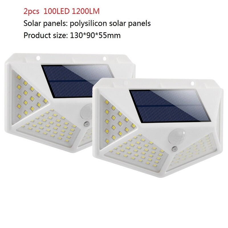 100/114 ledet lys firesidig solcellelys 3 moduser vinkelbevegelsessensor vegglampe utendørs vanntette hagelamper hvit: 2 stk 100 ledet a