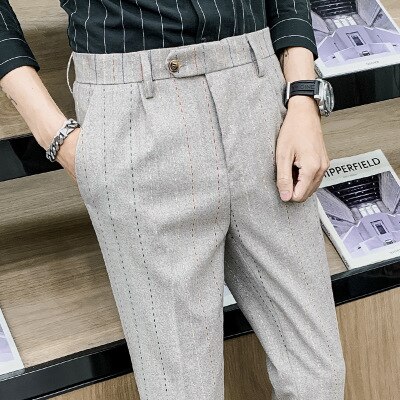 Heren gestreepte casual broek slim british business kleur gestreept borduurwerk kleine broek heren trendy broek