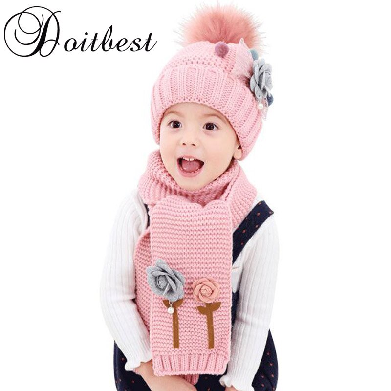 Doitbest flower children's winter hat beanies sets velvet wool kids boys Knit fur hats winter 2 pcs baby girl scarf set