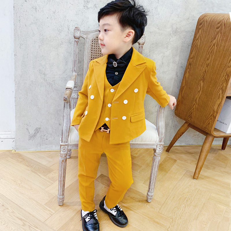 Formele Bloemen Jongens Pak Foe Wedding Geel Campus Student Jurk Gentleman Kinderen Jas Vest Broek 3Pcs Ceremonie Kostuums: suit  pant vest / 7T