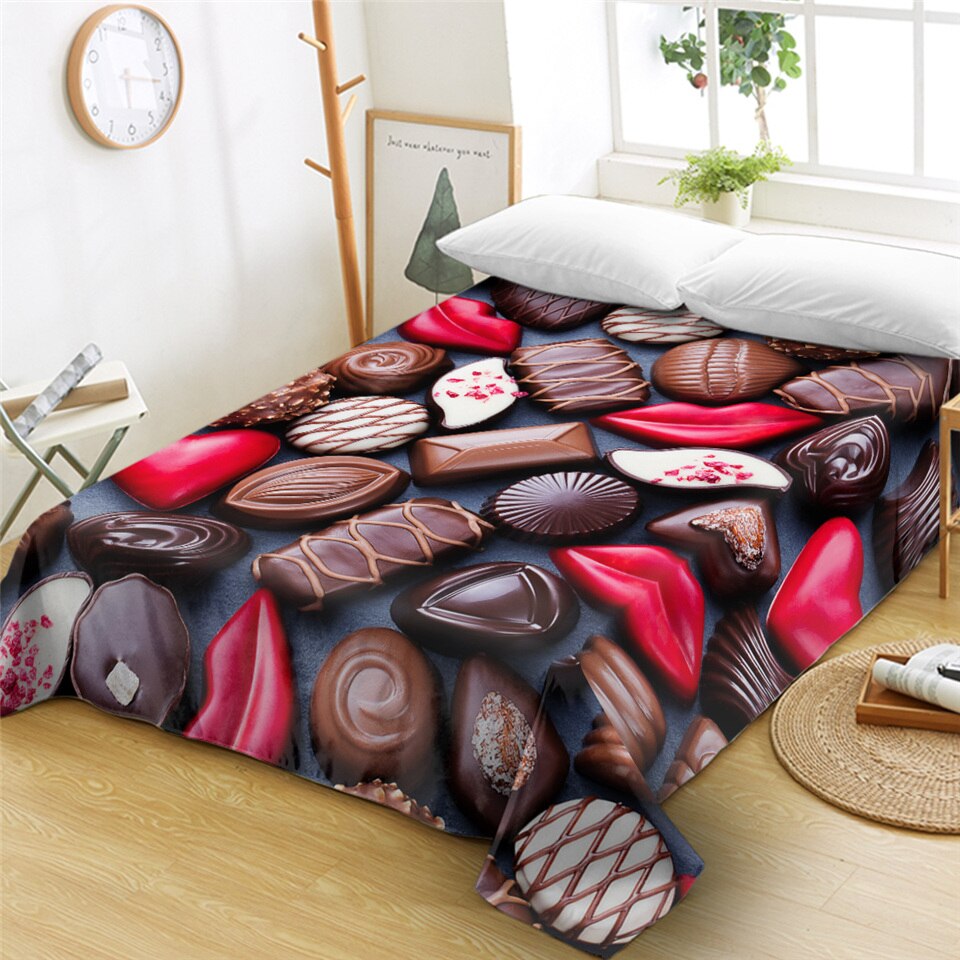 Sängkläderoutlet macaron lakan 3d tryck mikrofiber överkast choklad platt lakan ett stycke färgglad dessert drap de lit twin