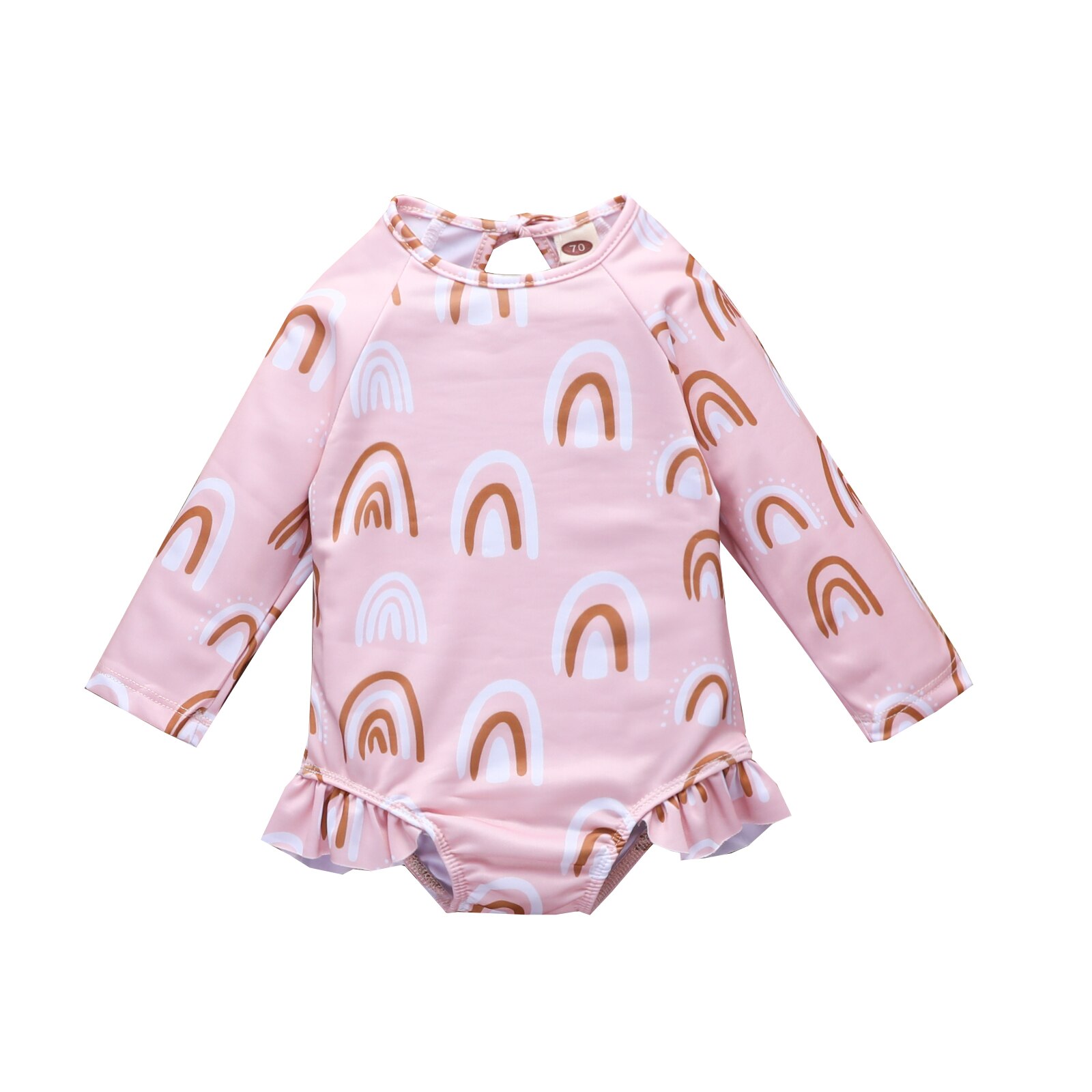 2022 0-3Y Zomer Kinderen Meisje Badpak Leuke Rainbow Print Roze Ronde Hals Stiksels Voorjaar Lange Mouw Badmode Tankini Beachwear