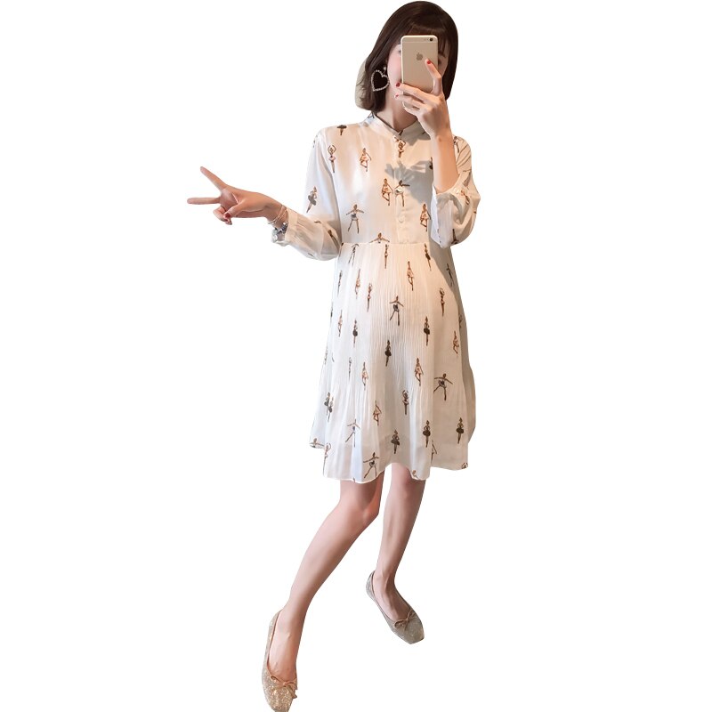 Robe de maternité plissée en mousseline de soie pour femmes enceintes, ample, imprimée, longues Blouses de grossesse, printemps et automne