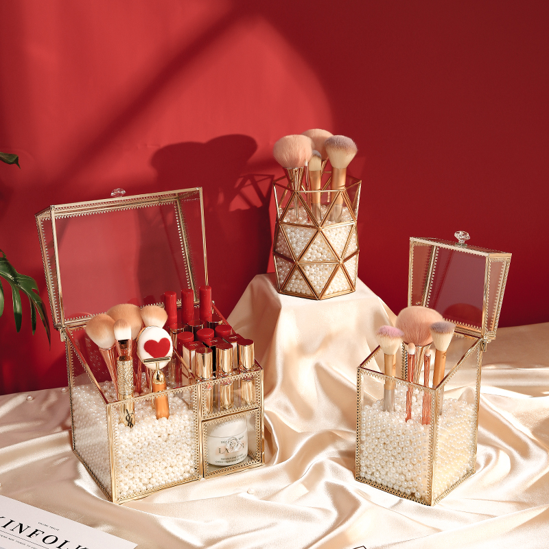 Glass Makeup Brush Holder Storage Drawer Box With White Pearls Gold Glass Makeup Brush Pearls Holder Storage Drawer Box