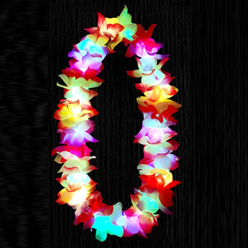 10pcs LED Light Up Flashing Hawaiian Leis Hula Dance Garland Artificial Flowers Neck Loop Necklace Glow Party Supplies Christmas