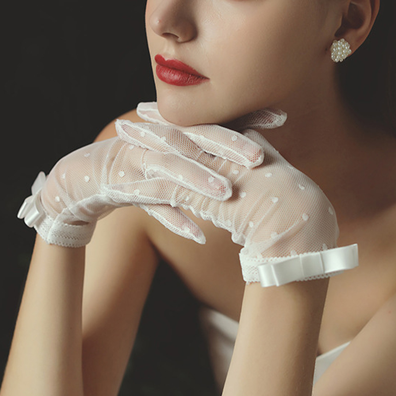 Women Gloves Lace Full Finger Gloves Short Tulle Gloves Etiquette Gloves Stretchy Lotus Leaf Sheers Black Mittens Wedding Gloves