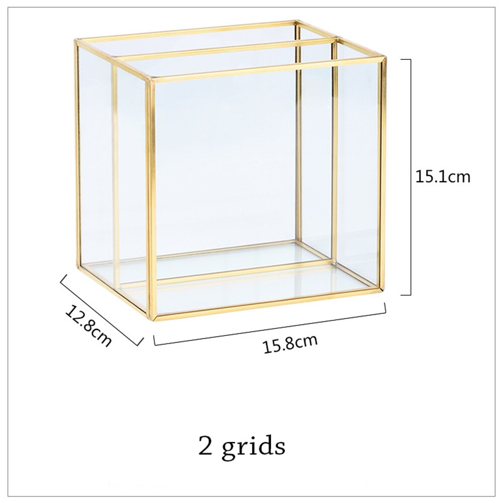 Caja de almacenaje para maquillaje Vintage, joyero de mesa de cristal dorado, clasificación decorativa, organizador cosmético, soporte para brochas de maquillaje: 2 grids