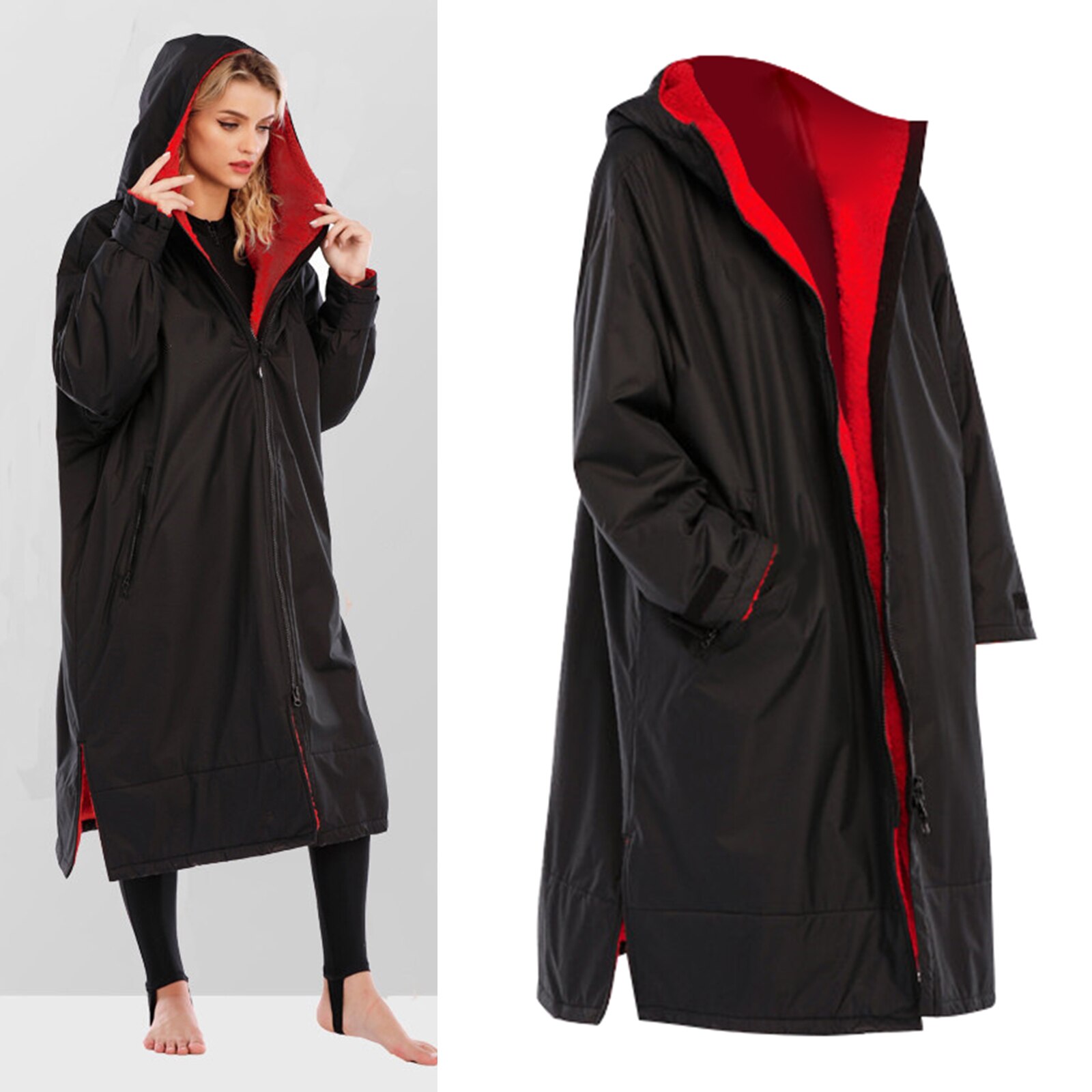 Surf Changing Robe Unisex Adults Hooded Outdoor Sports Swimming Coat Windbreaker Jacket Weatherproof Swim Parka with Pocket: Black Red L