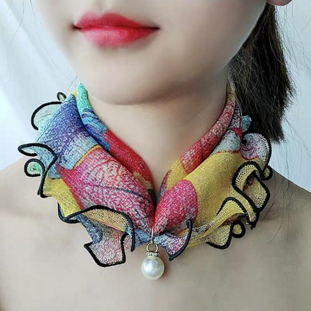 Lace Pearls Scarf Wood Ears Gold Thread Lace Variety Lady Neck Hair Chiffon Scarves Soft Spring Summer Scarf Mother's Day