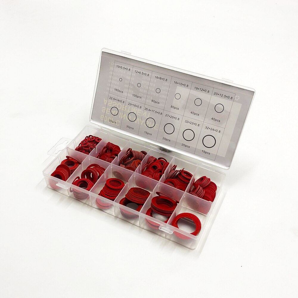 600pc Fibre rondelle assortiment plombier bagues d'étanchéité en étui 10-32mm rouge Fibre joint d'étanchéité assortiment