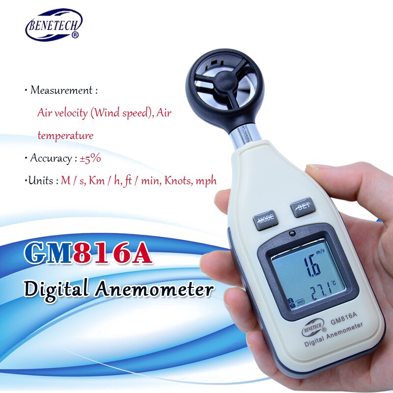Digital Wind speed anemometer 30m/s (65MPH) LCD Handheld Anemometer wind Thermometer Gauge Meter Measuring instrument GM816A