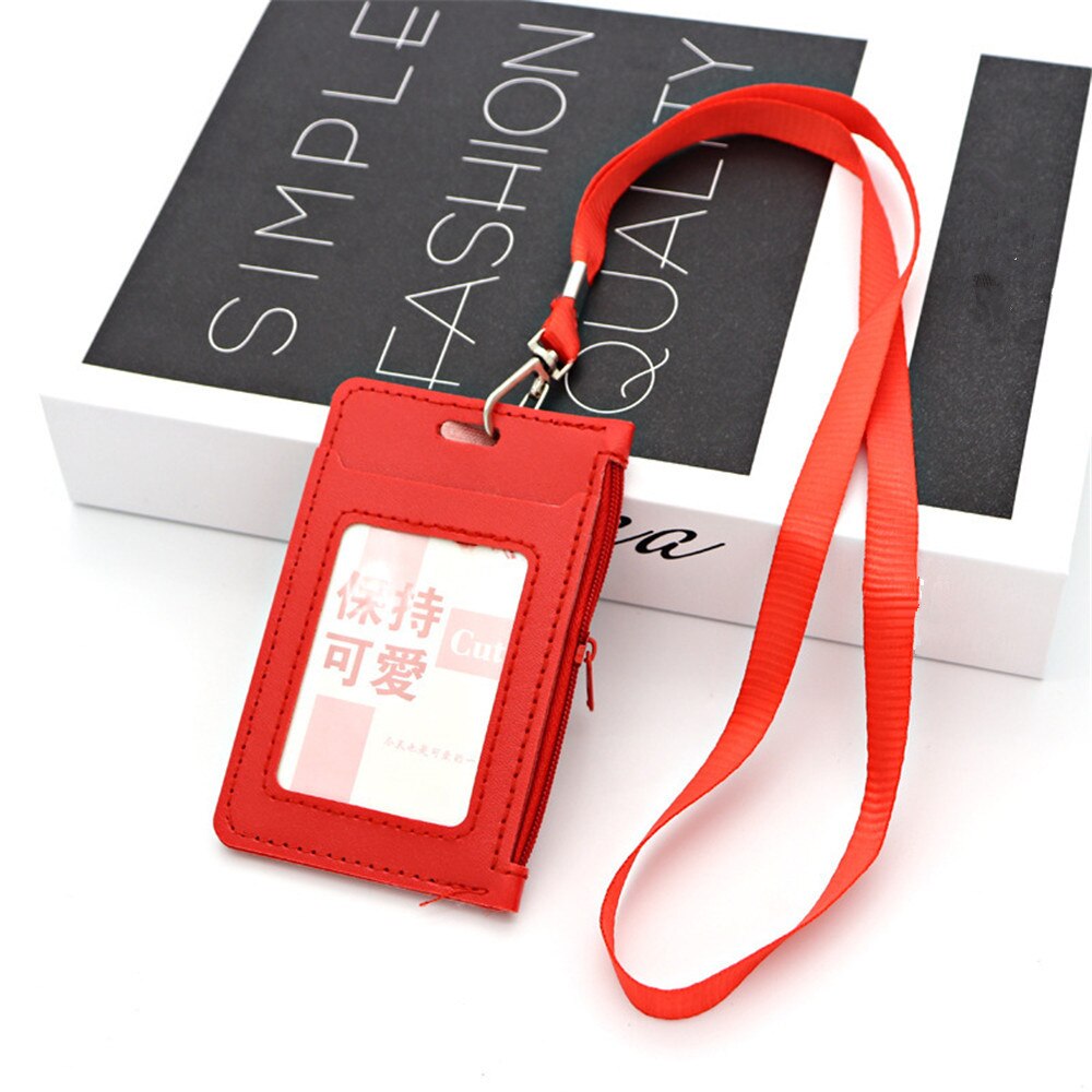 Porta carte di credito in pelle Pu Unisex porta carte di credito studenti per bambini Bus Card Case cordino maschio visita porta identità Badge Card Cover nuovo: Red
