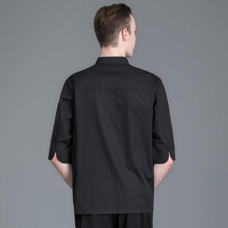 Kokkeuniform syvkvarters ærme ensfarvet unisex tryk køkkenjakke catering hotel barberer tjener arbejdsskjorte