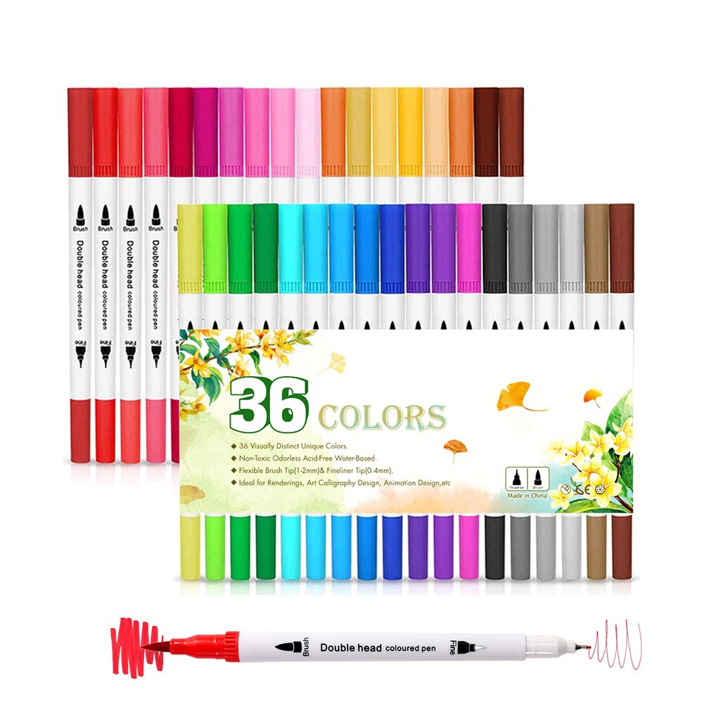 24 Colors Dual Tip Brush Marker Pens Art Watercolor Fineliner Drawing Painting Stationery For Coloring Manga School Supplies: 36 colors White