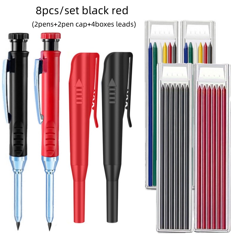 2.8mm Solid Carpenter Pencil with Pencil Cap and Built-in Sharpener for Deep Hole Mechanical Pencil scribing Marking Woodworking: Red