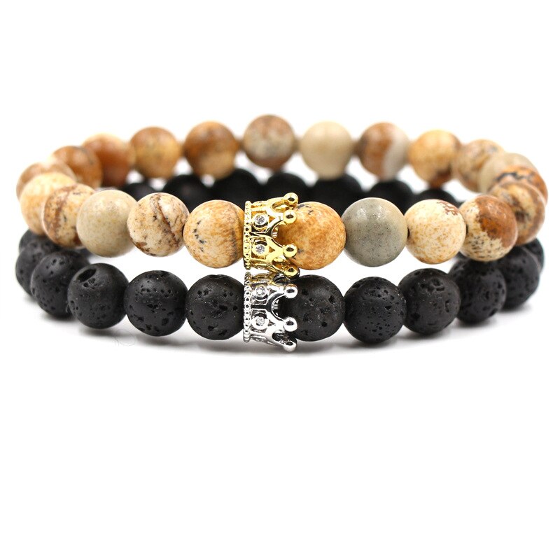 8mm 2 stk/sæt par mikro indsat zirkon krone armbånd klassisk natursten elastisk kvinder charm perler armbånd til mænd smykker: Farve 8