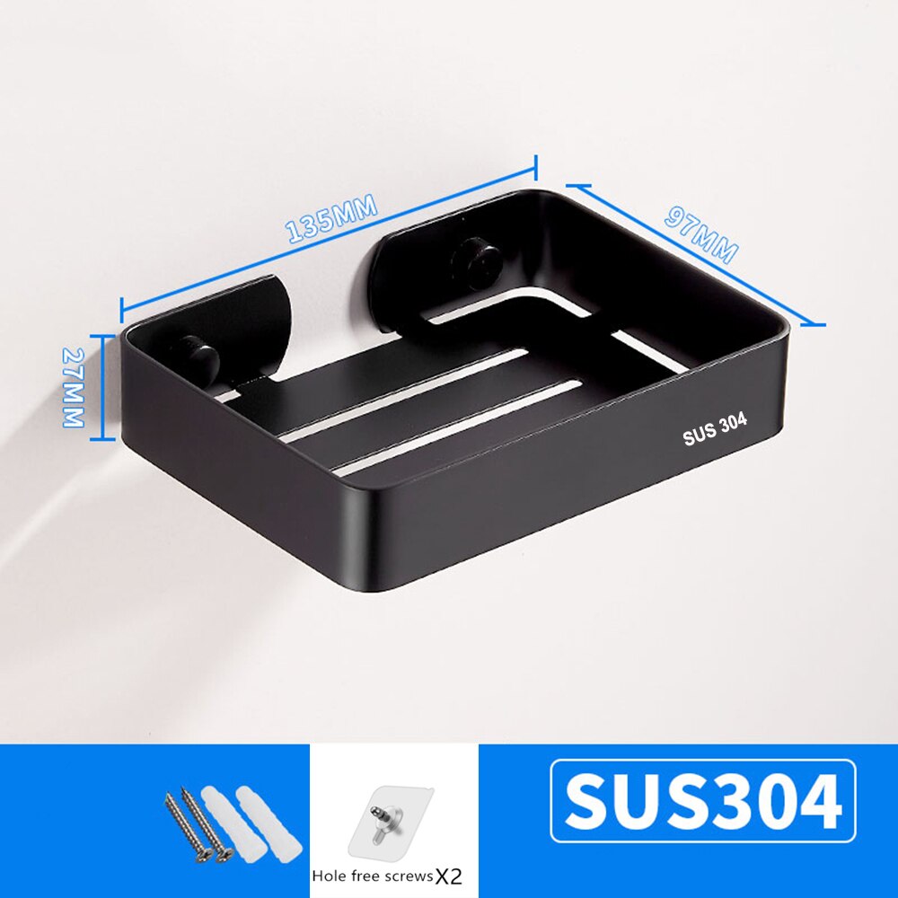 Stainless Steel Soap Dish Bathroom Storage Soap Rack Plate Box Container Wall Storage Rack Holder: 593BLACK