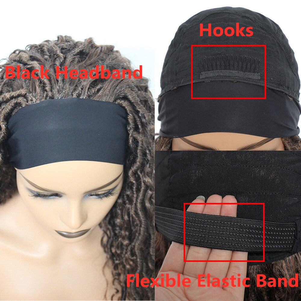 Ombre Brown Headband Synthetic Braided Wigs For Black Women 24 Inch Natural Glueless Hair Wig SOKU Faux Locs Crochet Curly Hair