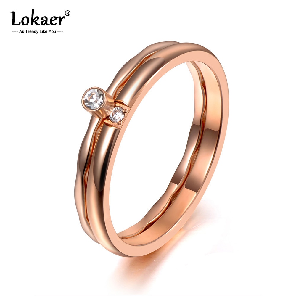 Lokaer 2 Em 1 Trendy Titanium Aço Inoxidável CZ Cristal Anel de Casamento Jóias em Ouro Rosa Anéis de Noivado Para As Mulheres Meninas r19147