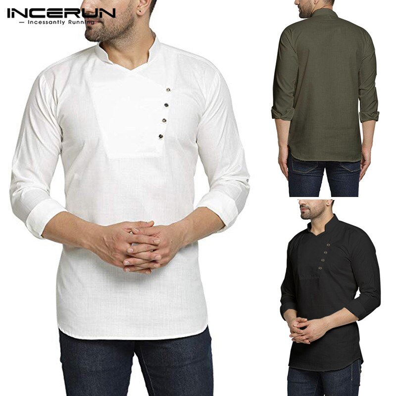 Herr indiska retro skjortor man stå krage enfärgad streetwear skjorta herr muslimska toppar långärmad casual kurta camisa plus size