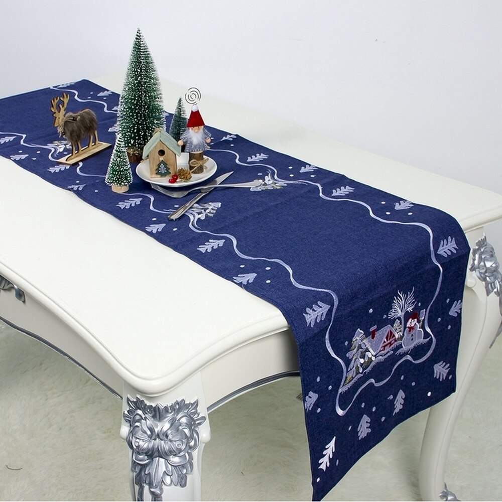 Kerst Tafelloper Kerst Tafel Mat Rechthoekige Tafelkleed Keuken Geborduurde Stofdicht Tafelkleed Woondecoratie: Blauw