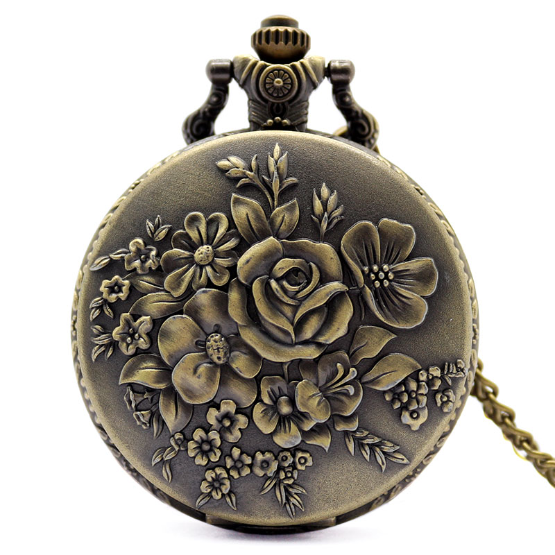 Elegante Retro Brons Bloom Bloemen Vrouwen Quartz Pocket Watches Hanger Voor Dames Vintage Fob Ketting Ketting Klok Beste