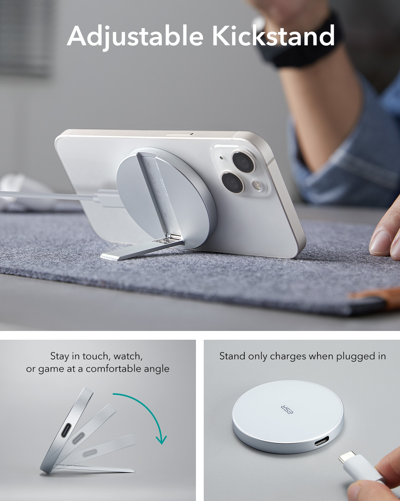 ESR HaloLock Kickstand Wireless Charger for iPhone 15 14 Pro Max 7.5W Qi Fast Charging A to C Wireless Charger for iPhone 13 Pro