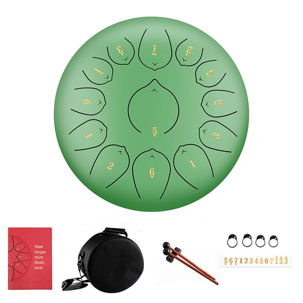 12 Inch 13 Notes Drum Kit Steel Tongue Drum Empty Spirit Drum Flower Style With Mallets Percussion Instrument Accessories: Green
