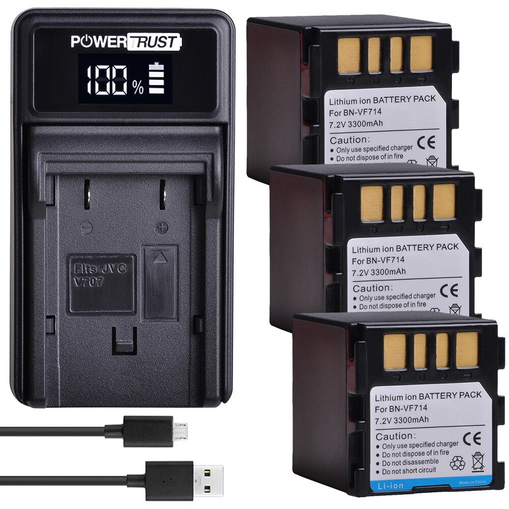 2x 3300 mah bn -vf714 batteri + led usb laddare för jvc bn -vf707,  bn -vf707u bnvf 707,vf707 bn-vf714 bn-vf733 gr-d240 batterier: 3 batterier och laddare