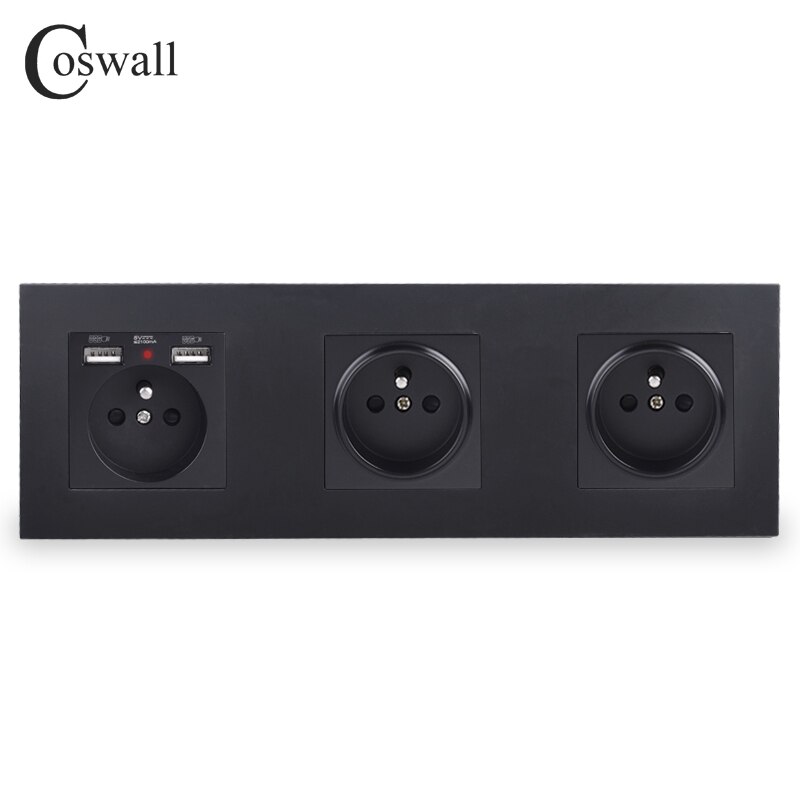 Coswall tredobbelt fransk standard stikkontakt med 2 usb opladningsport skjult blød led-indikator  e20- serie pc-panel sort hvid grå: Sort